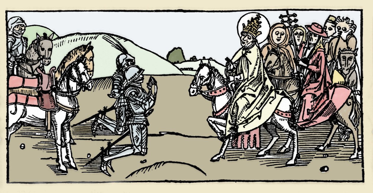 Pave Leon I møder Attila og Arrete - Barbarinvasioner - Indgravering fra "Leben der Heiligen - sommerteil" (Den helliges Bog) af Jacobus (James) af Voragine (1228-1298). Lübeck 1488. af German School