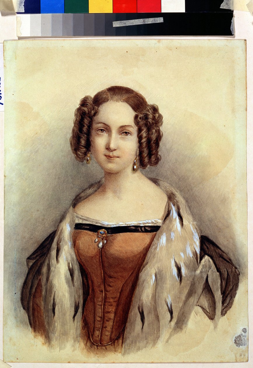 Portræt af prinsesse Marie af Hessen og Rhinen (1824-1880), som bliver kejserinde af Rusland (Portræt af prinsesse Marie af Hessen og Rhinen, kommende kejserinde af Rusland). Anonymt maleri. Akvarel på papir, 39,3 x 23 cm, slutningen af ​​1830. Tysk kunst af German School