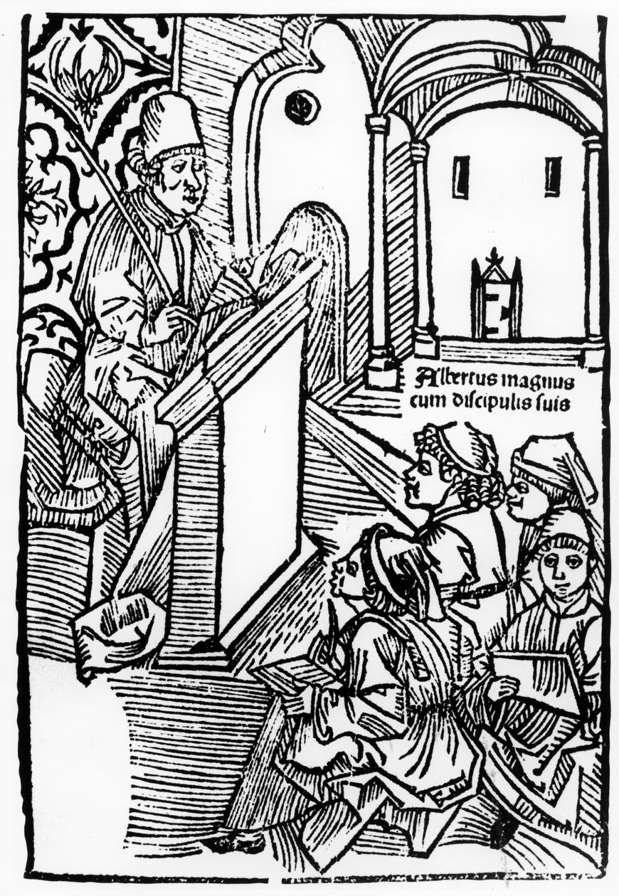 Portræt af Albertus Magnus med nogle af hans elever, illustration til titelbladet til Epitomata, reparationer eller hele Aristoteles