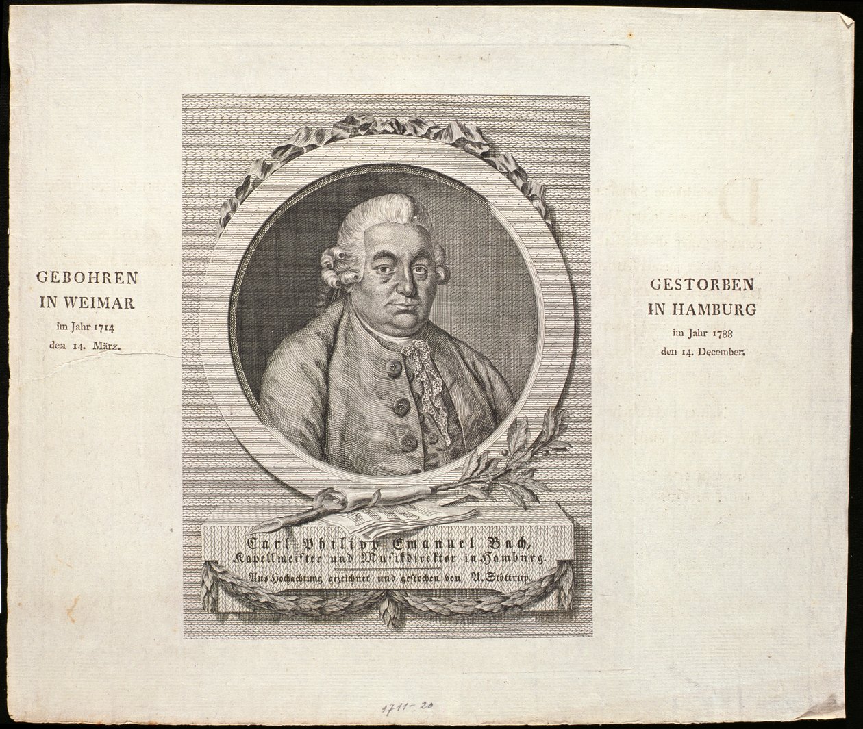Portræt af Carl Philipp Emanuel Bach (1714-88) graveret af C. D. Krohn, 1788 af German School