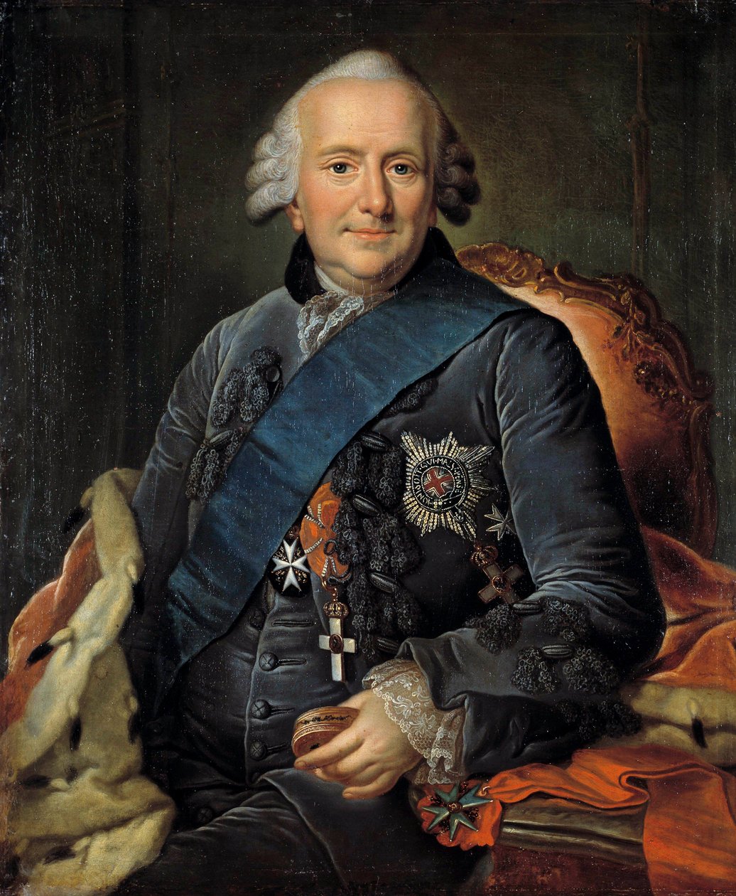 Portræt af Ferdinand, hertug af Brunswick (1721-1797), øverstkommanderende for de preussiske hære, han dekorerer insignier af strømpebåndsordenen Anonym tysk maleri af German School