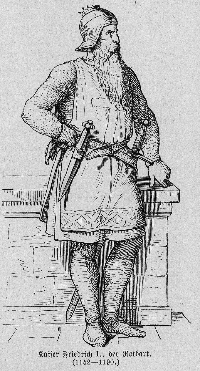 Portræt af Frederic I af Hauhenstaufen kendt som Frederic Barberousse (1122-1190), tysk romersk kejser. Indgravering i "" Kaiser, Konig und Papft"" af Richard Roth af German School