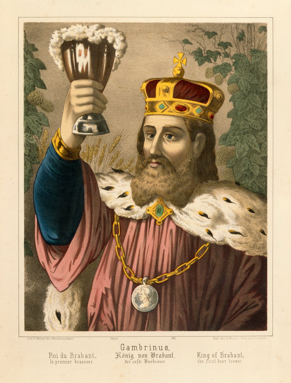 Portræt af Gambrinus, den legendariske konge af Flandern, billedligt broadsheet udgivet af F.C. Wentzel, Weissenburg, 1870 af German School