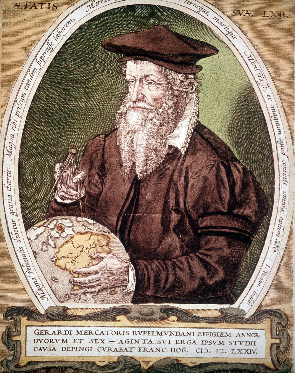 Portræt af Gerhard Kremer dit Gerardus Mercator (1512-1594). Falsk titel på den første udgave af Atlas. af German School