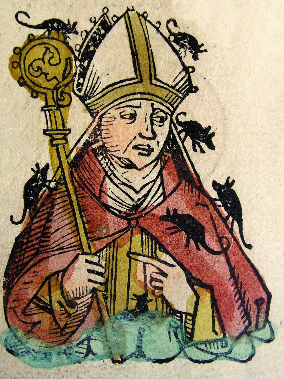 Portræt af Hatto, ærkebiskoppen af Mainz afbildet at blive spist levende af mus, offentliggjort i Nürnberg Chronicle, 1493 af German School