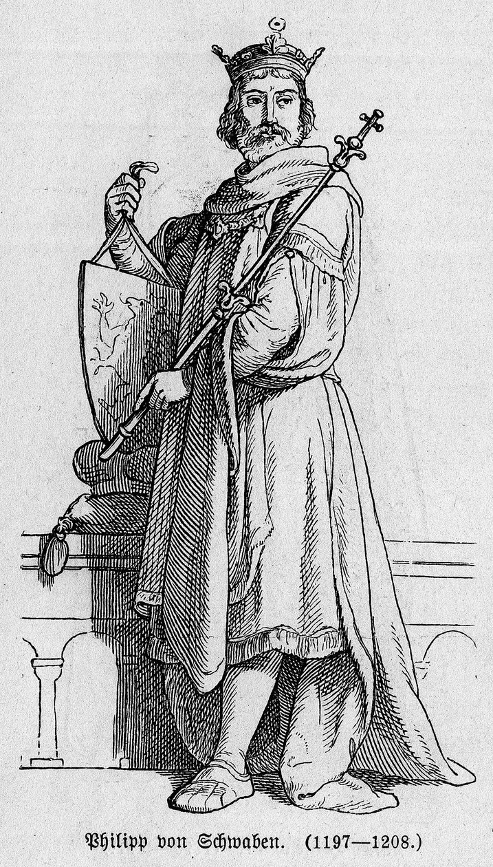 Portræt af Filip I af Schwaben gjorde Filip af Hohenstaufen (1176-1208), tysk kejser, konge af romerne og konge af Italien. Indgravering i "" Kaiser, Konig und Papft"" af Richard Roth af German School