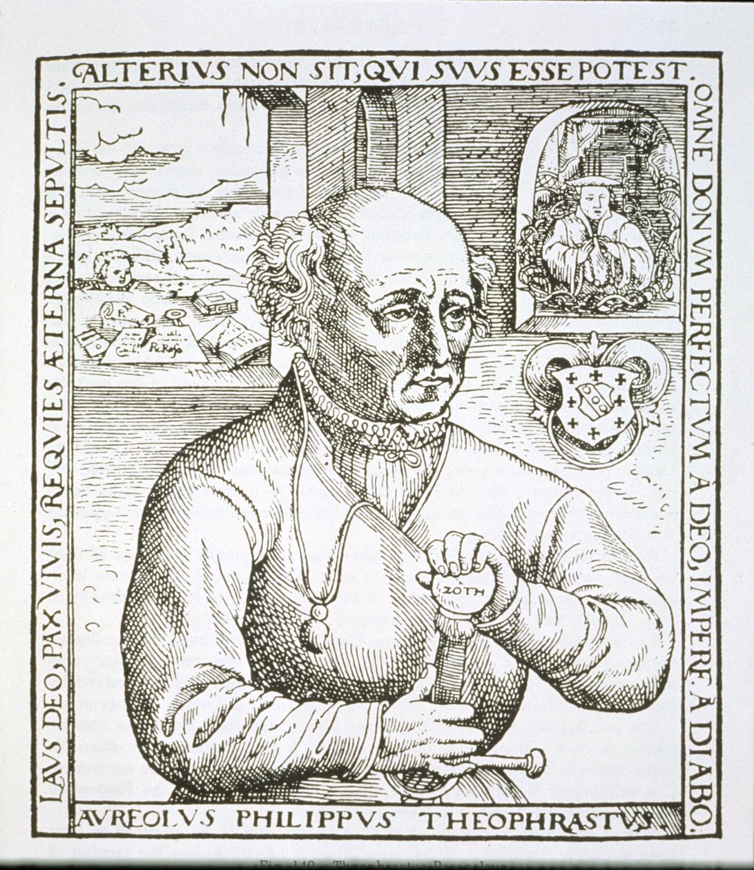 Portræt af Theophrastus Paracelsus (1493-1541), kopi af en illustration fra hans bog Astronomica et Astrologica Pouscula, Köln 1567, brugt i en magihistorie, udgivet i slutningen af det 19. århundrede (woodc af German School