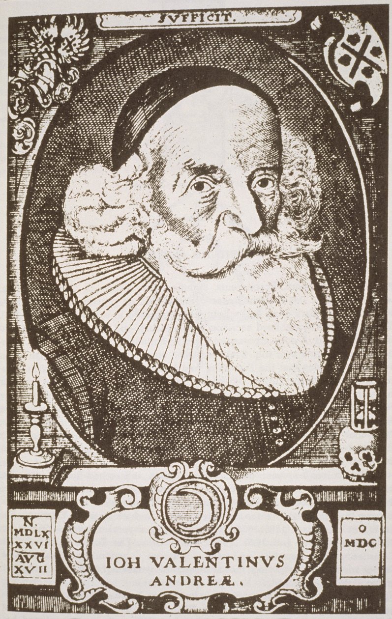 Portræt af Valentine Andreae (1568-1643), kopi af en tysk gravering illustreret i History of Magic, udgivet i slutningen af det 19. århundrede af German School