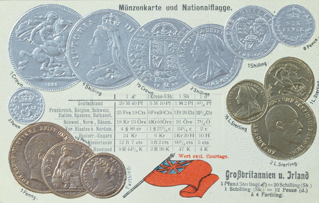 Postkort med britisk valuta og dets ækvivalenter i andre europæiske penge, ca. 1905 af German School