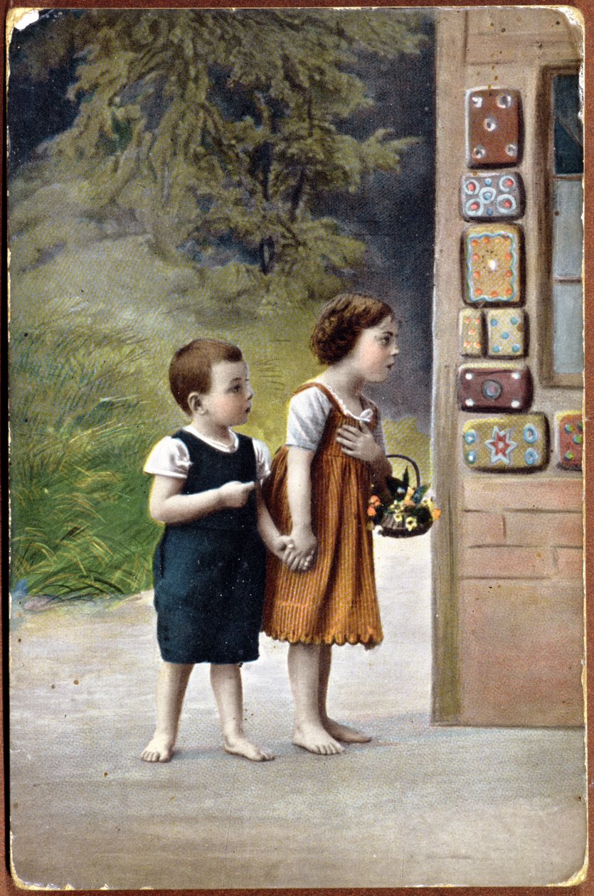 Postkort med Hans og Grete foran honningkagehuset af German School