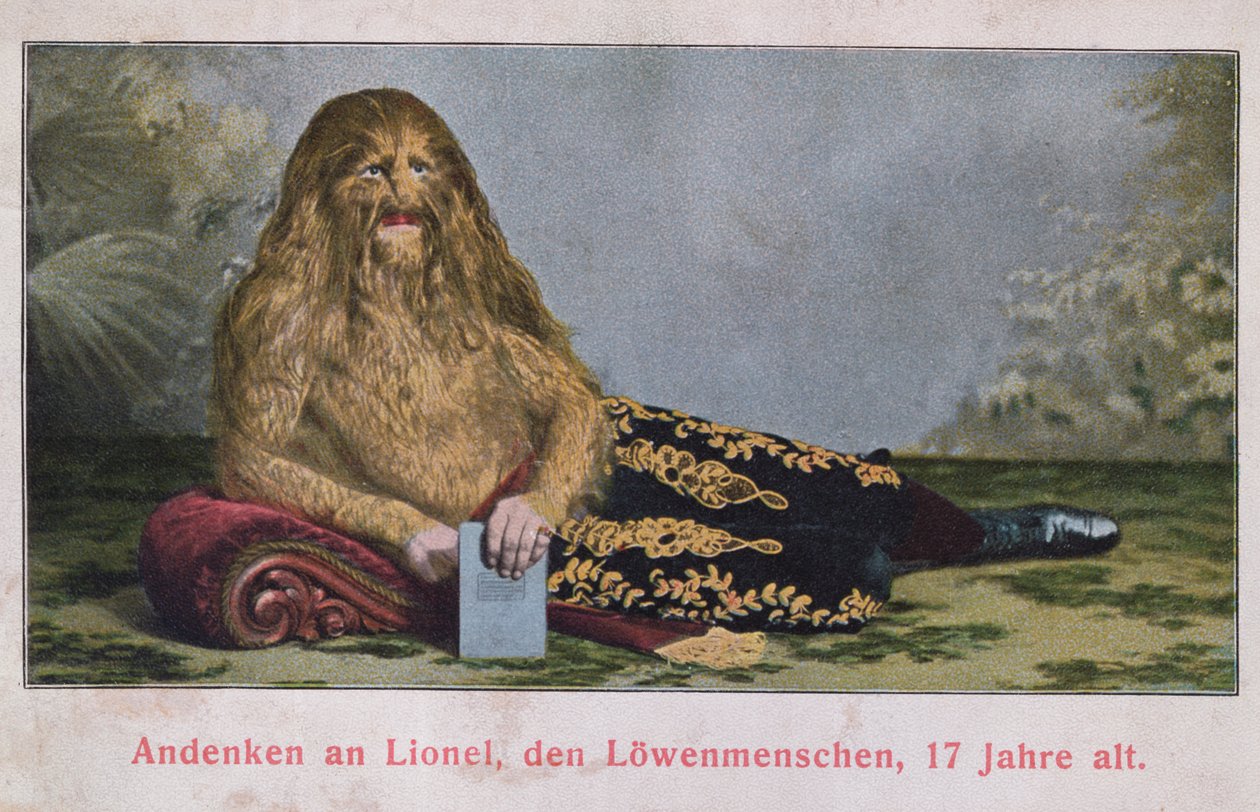 Postkort, der forestiller Lionel the Lion Boy på 17 år, 1909 af German School