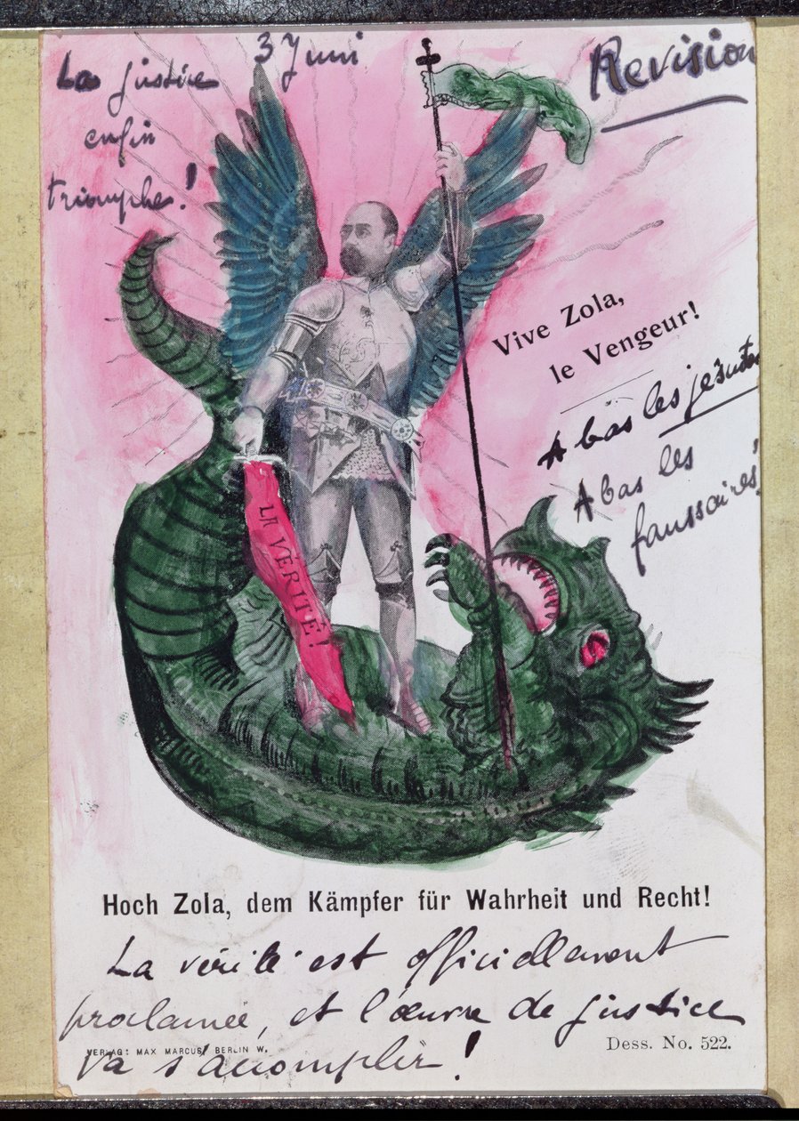 Postkort, der viser Noble Zola, Warrior for Truth and Justice med anmærkninger (farve litho med pen og blæk og wc) af German School