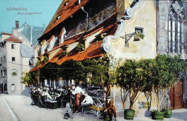 Postkort, der viser Bratwurstglocklein-restauranten i Nürnberg, før 1914 (farvet foto) af German School