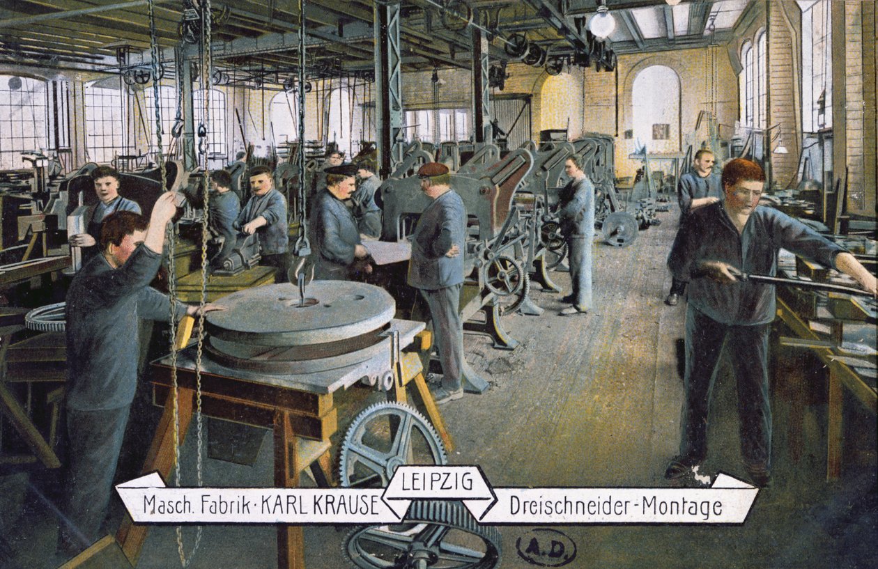 Postkort forestillende Karl Krause fabrikken i Leipzig, ca. 1905 (farvet foto) af German School