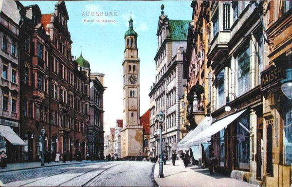Postkort forestillende Karolinenstrasse i Augsburg, ca. 1910 (farvet foto) af German School