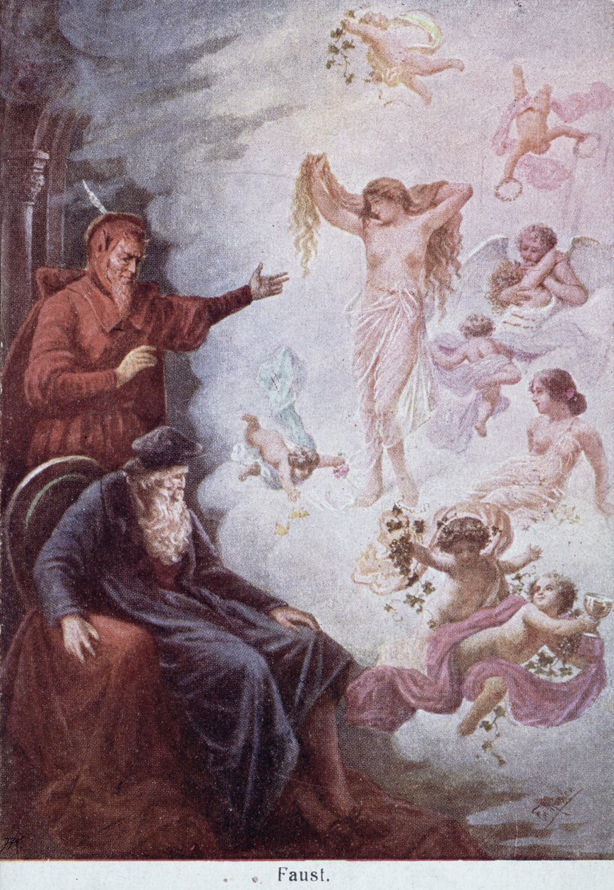 Postkort, der viser Fausts fristelse af Mephistopheles, ca. 1905 af German School
