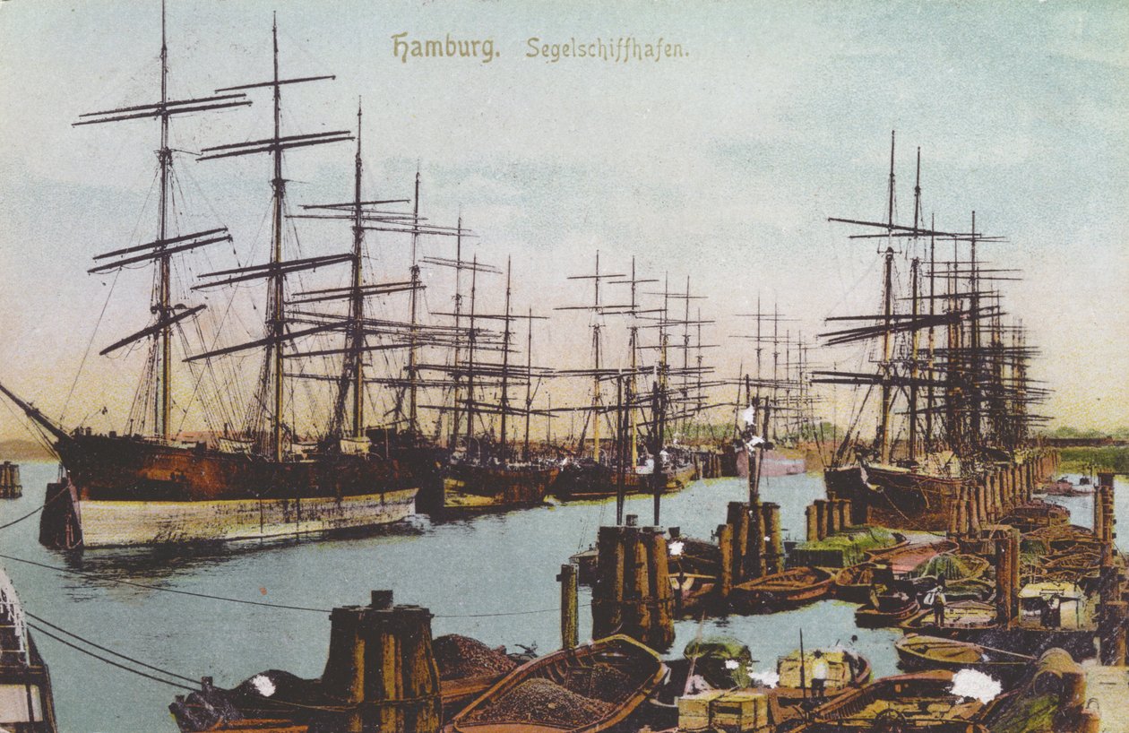 Postkort af sejlskibshavnen i Hamborg, ca. 1900 (farvet foto) af German School