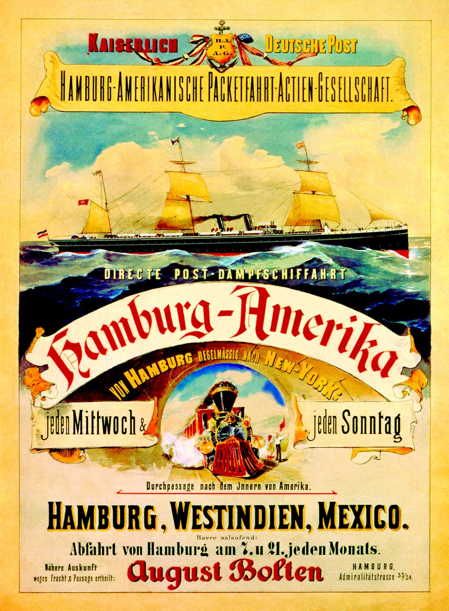 Plakat, der reklamerer for Hamburg American Line, 1883 af German School