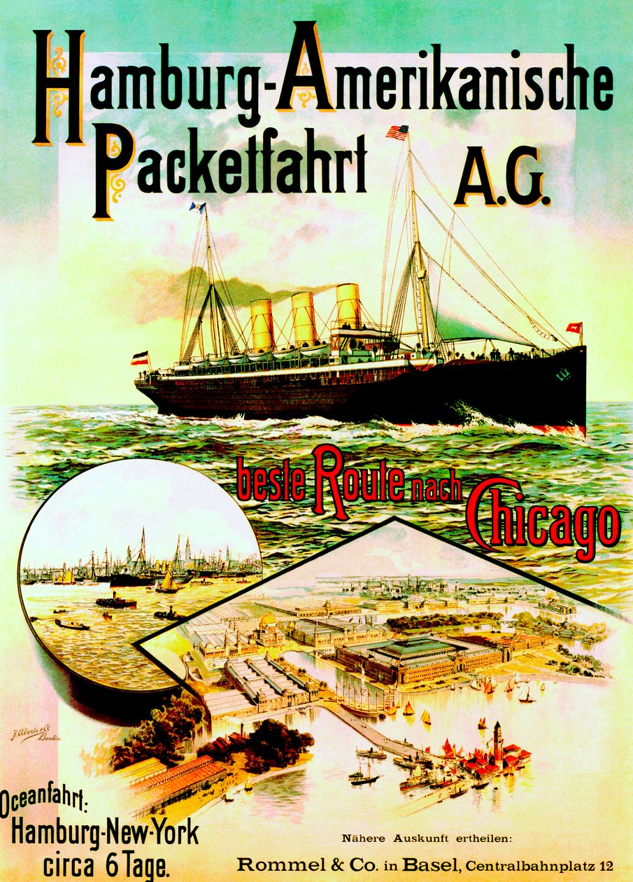 Plakat, der reklamerer for Hamburg American Line, 1893 af German School