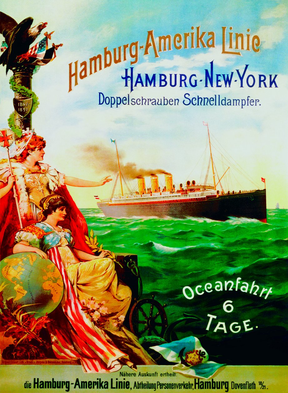 Plakat, der reklamerer for Hamburg American Line, 1897 af German School