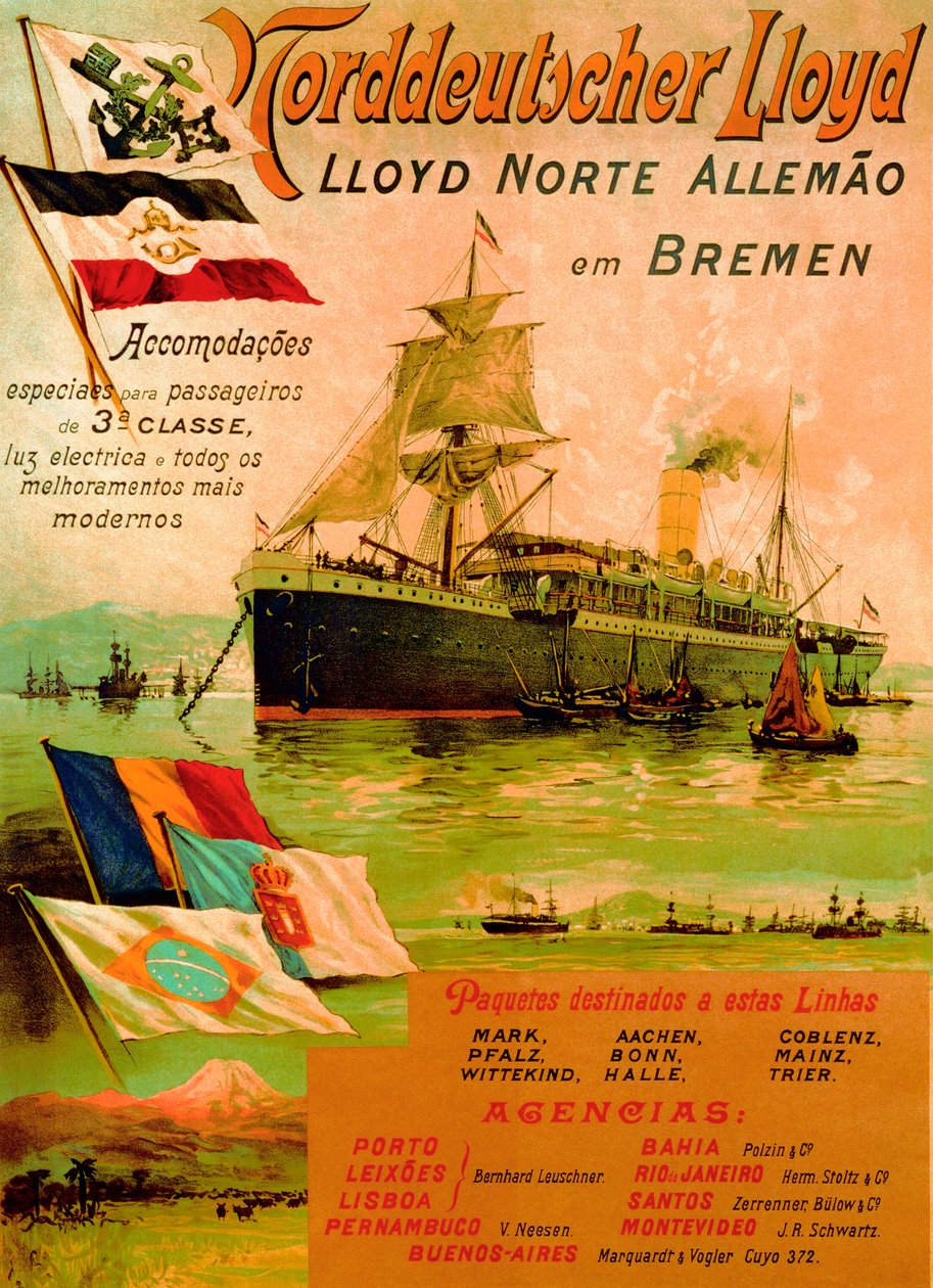 Plakat, der reklamerer for den nordtyske Lloyd-linje, 1898 af German School