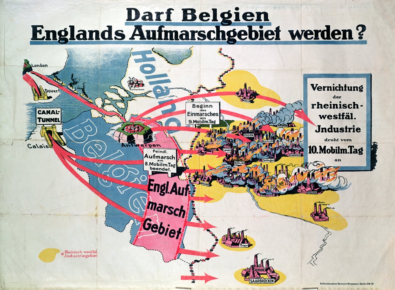 Plakat, der udtrykker tysk bekymring over den foreslåede konstruktion af en Kanaltunnel, der forbinder Belgien og England, ca. 1914-18 af German School