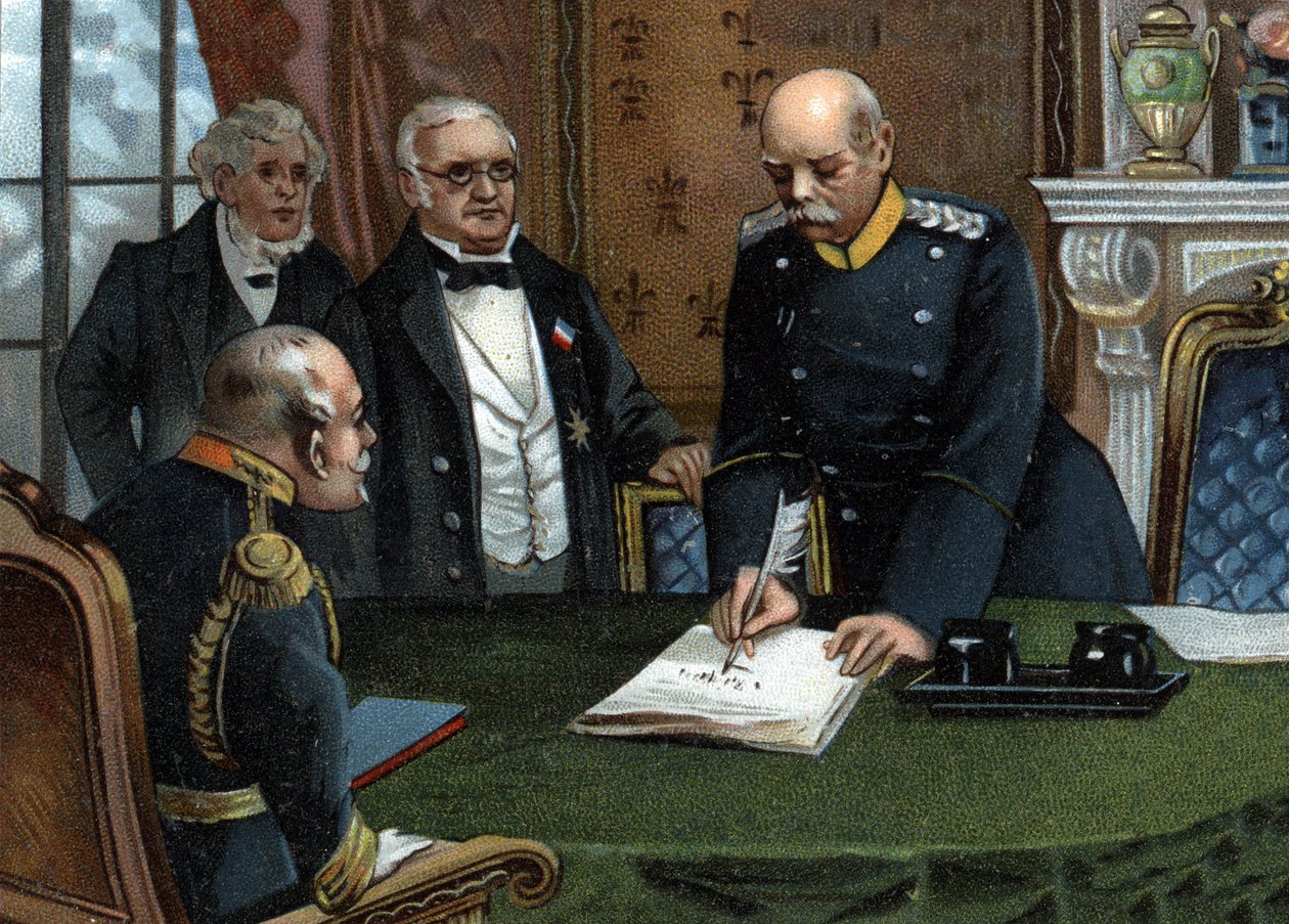 Foreløbig fredsaftale af 26. februar 1871 underskrevet i Versailles, slutningen af den fransk-preussiske krig mellem lederen af republikkens udøvende magt, hr. Adolphe Thiers, og udenrigsministeren, hr. Jules Favre, repræsentanter for Frankrig, af German School