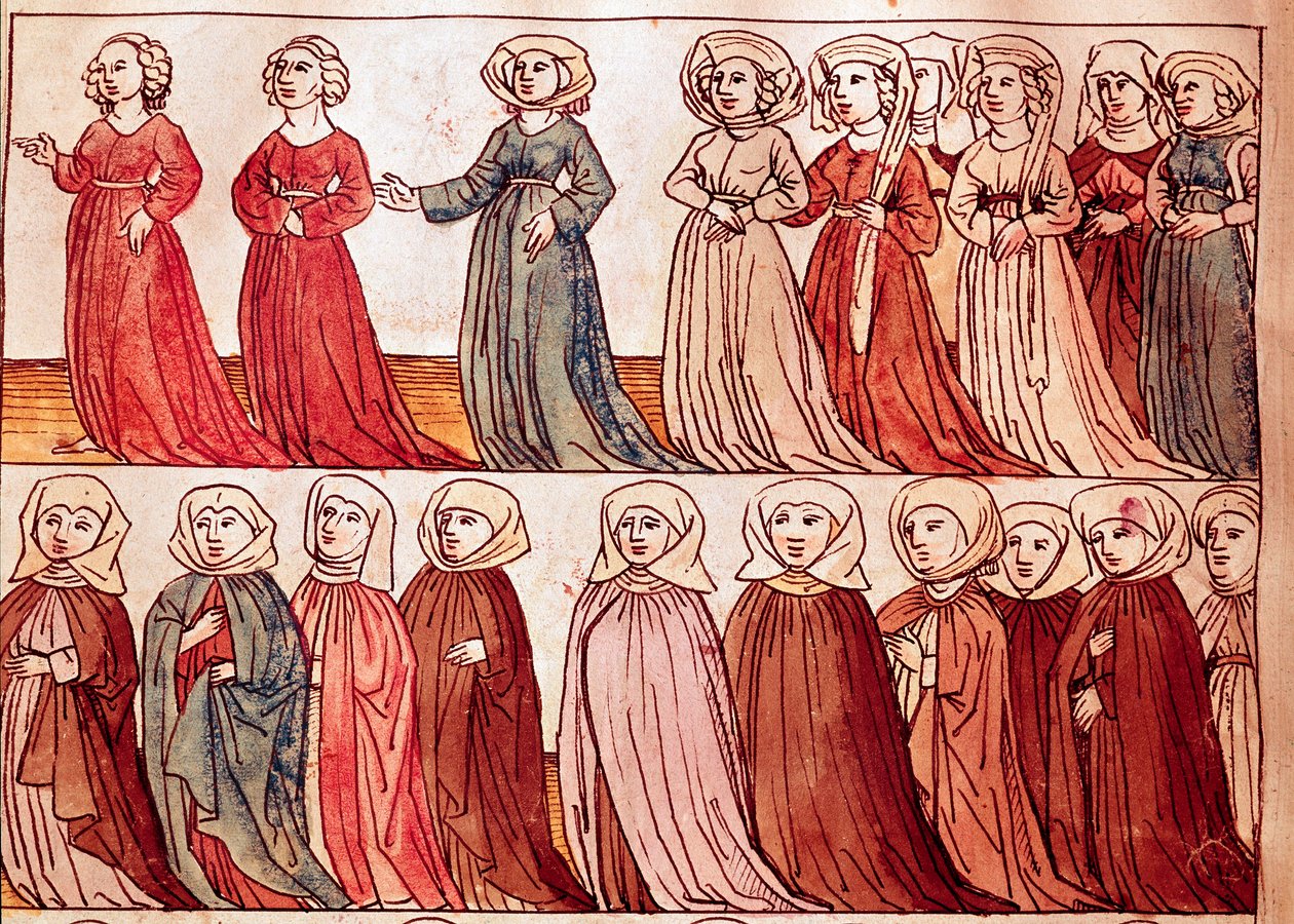 Optog af kvinder fra Boheme. Miniature fra "Krøniken fra Konciliet i Konstanz" af Ulrich Richental (1360-1437) 1438 ca. Prag, nationalbibliotek af German School