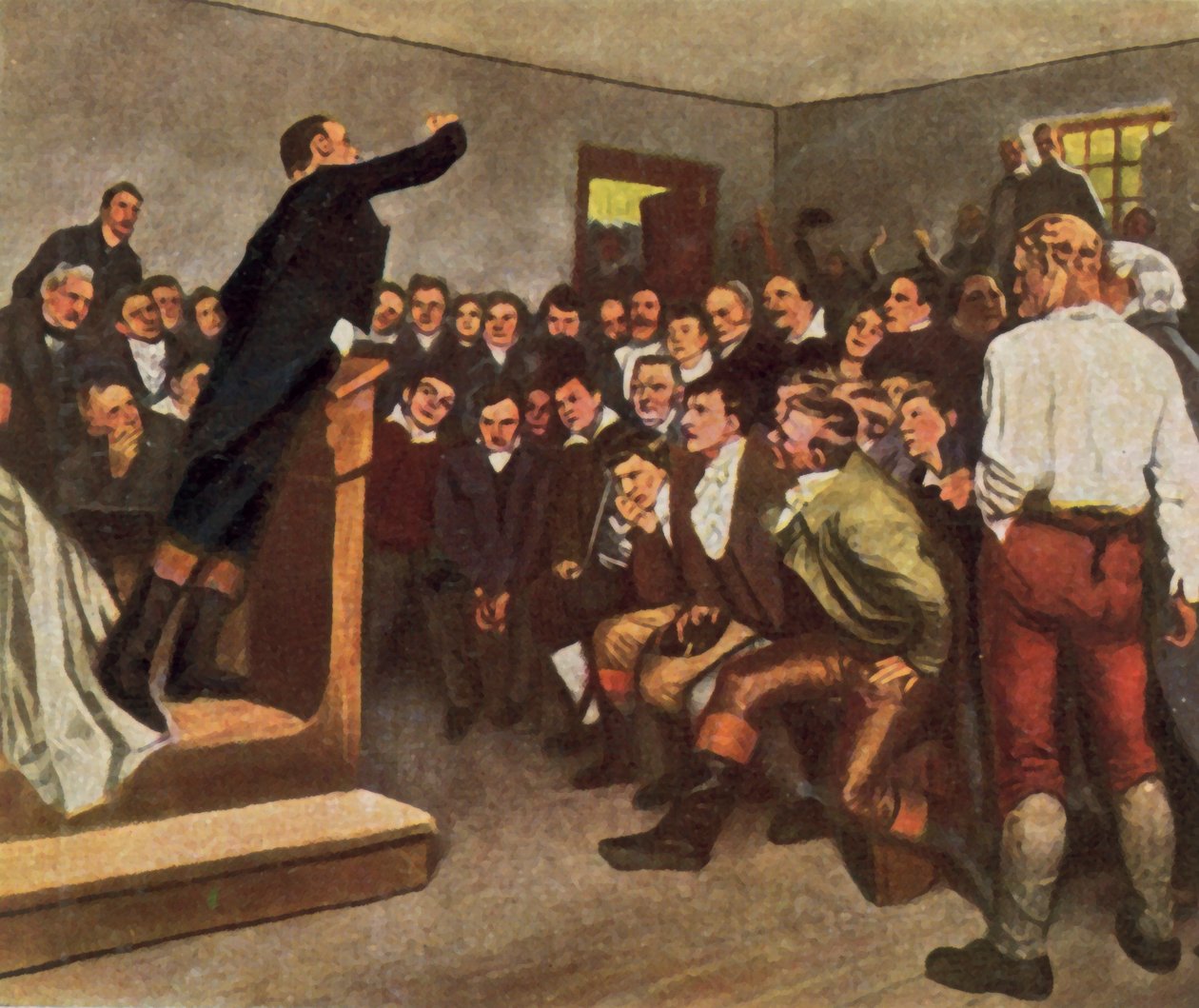 Professor Steffens inspirerer sine tilhørere til at støtte befrielseskrigen, 8. februar 1813 (forstærket farvelitografi) af German School
