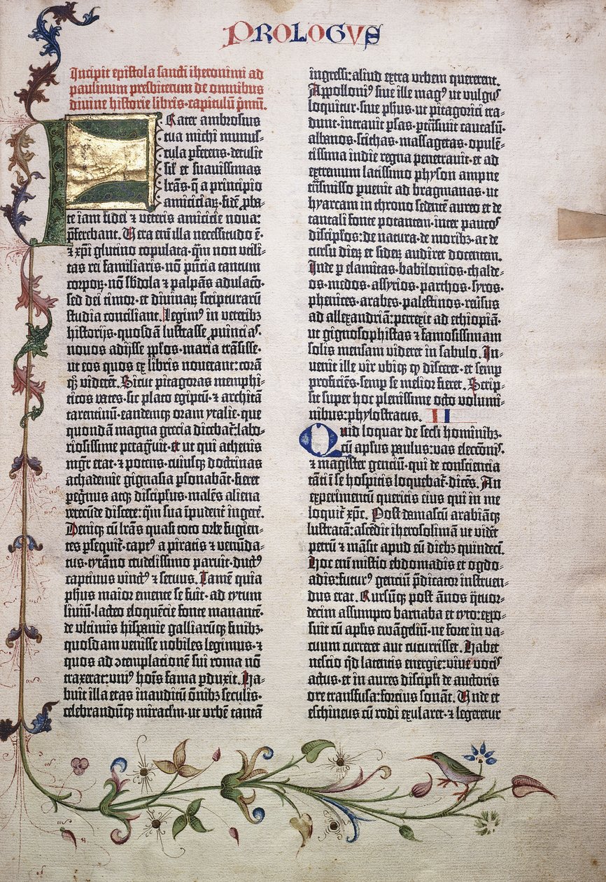 Prolog folio med guld og grønt bogstav "F", og kant af blade, blomster, vinstokke og fugle, 1455 af German School