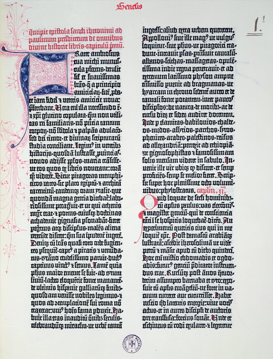 Prolog af Gutenberg-bibelen, trykt af Johannes Gutenberg (ca. 1400-68) & Peter Schoeffer (1425-1502) i Mainz, 1454-56 (trykt papir) af German School