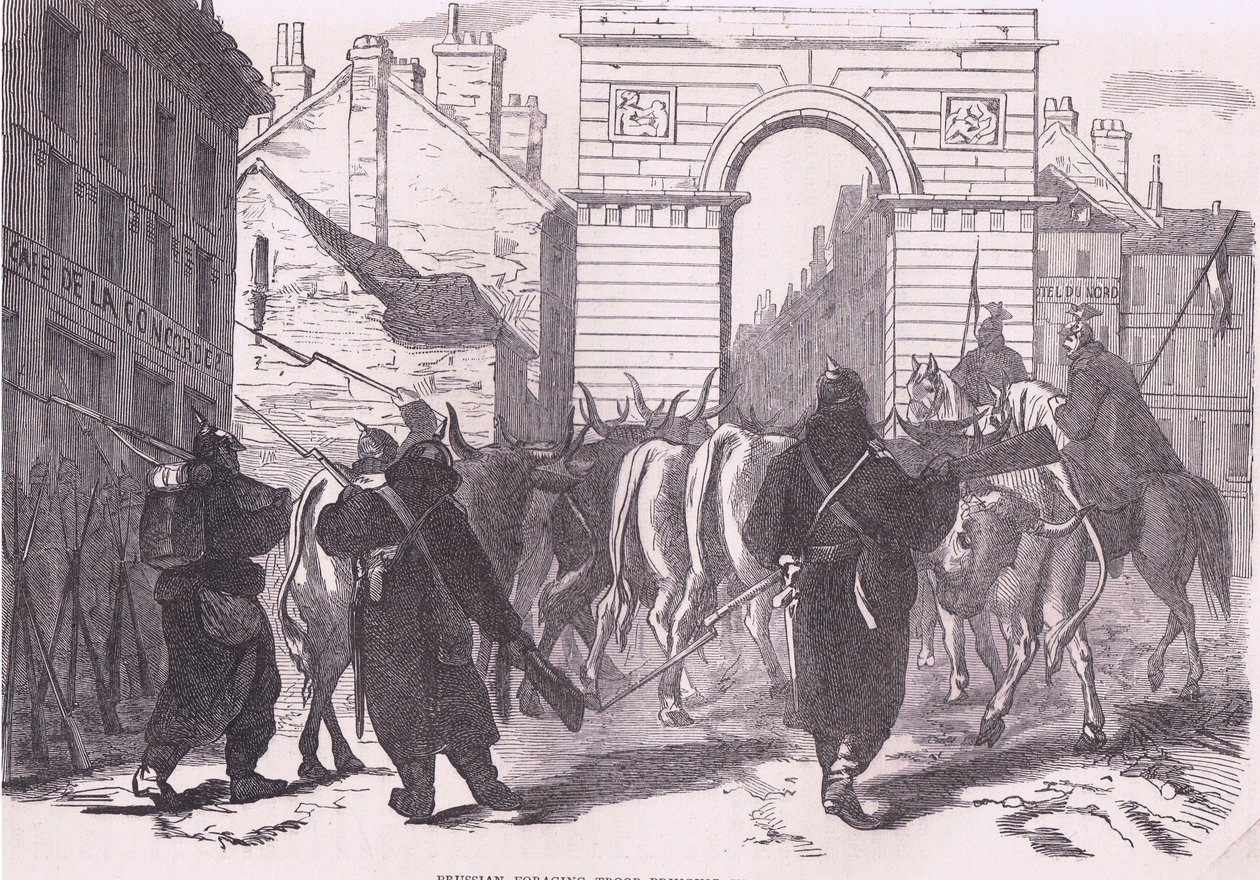 Preussiske fouragerende tropper, der bringer kvæg ind, Cassells History of the War between France and Germany udgivet af Cassell and Company Limited, ca. 1890 (litho) af German School