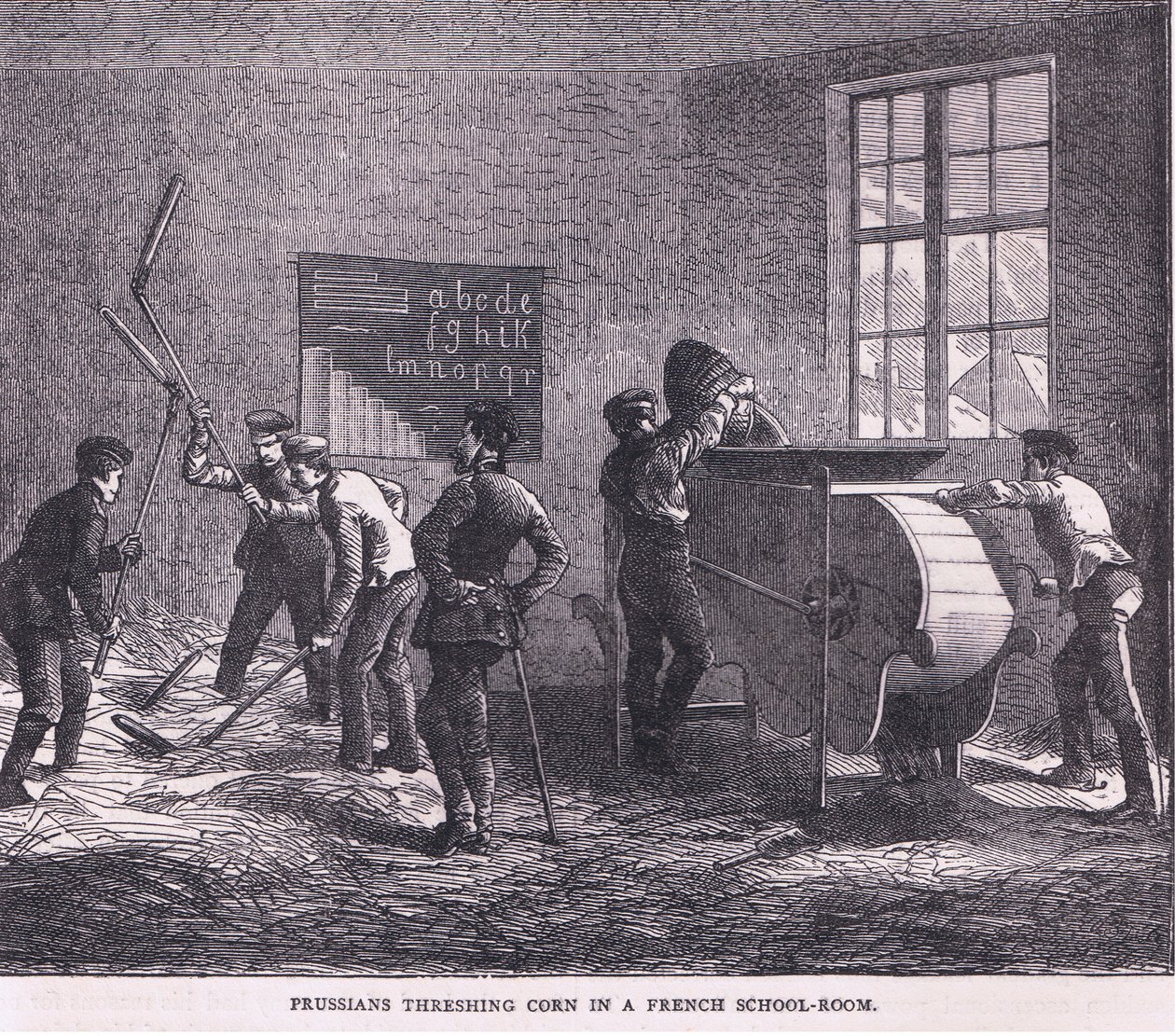 Preussere, der tærsker majs i en fransk skolestue, Cassells History of the War between France and Germany udgivet af Cassell and Company Limited, ca. 1890 (litho) af German School