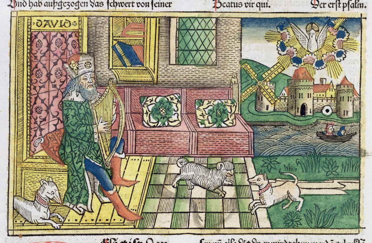 Salmer: frontispice, der viser kong David, der spiller på lyre, fra Nürnbergbibelen (Biblia Sacra Germanaica) (farvet træsnit) af German School