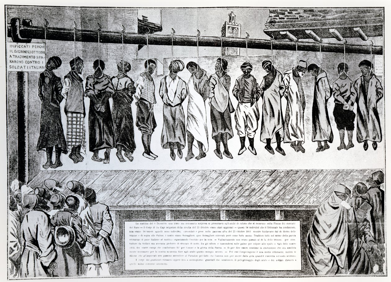 Offentlig henrettelse af borgere i Tripoli, der modsatte sig den italienske invasion i 1911, fra Simplicissimus magazine, 1912 af German School