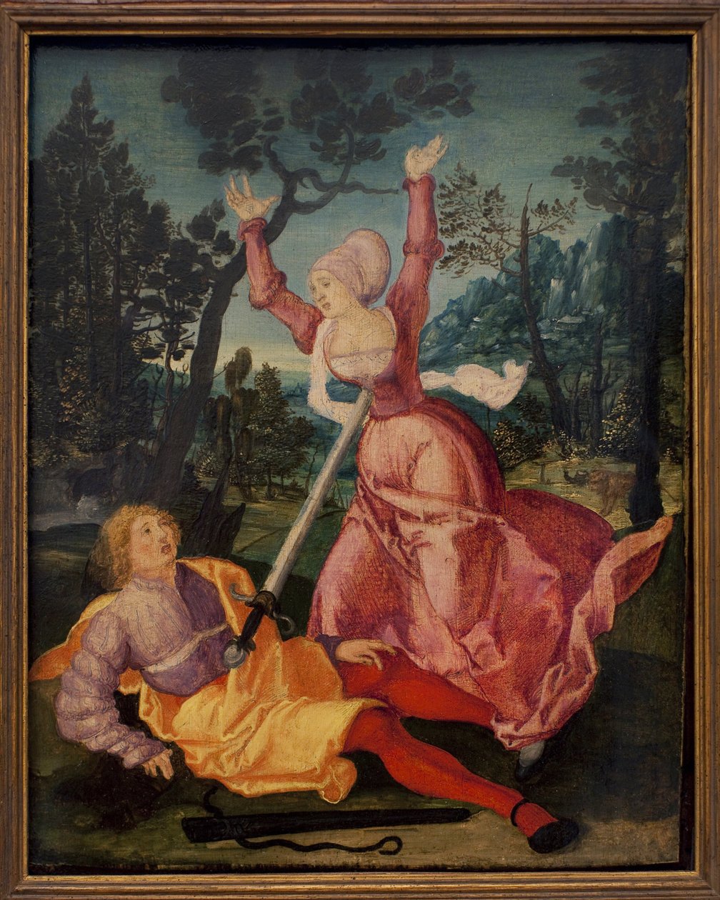 Pyramus og Thisbe. (De to babyloniere elskede hinanden på trods af deres familiers modstand, besluttede at flygte sammen, de mødes ved foden af en murier. Pyramus tror på, at hendes ven blev opslugt af en løvinde og stak sig selv med de af German School