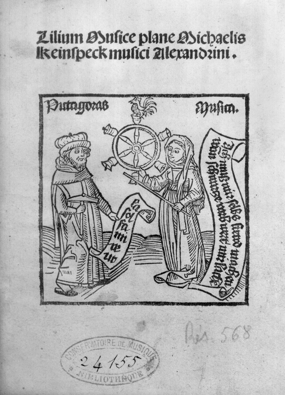 Pythagoras (ca. 580-500 f.Kr.) og musik, titelblad fra Lilium Musicae af Michael Keinspeck, Augsburg, udgivet i 1500 af German School