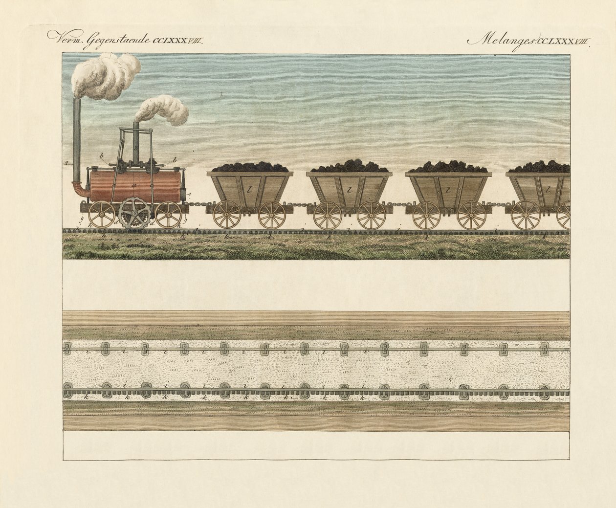 Jernbaner og Steamtrans (farvet gravering) af German School