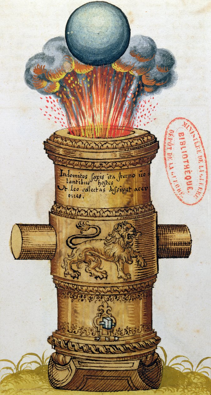 Hævet kanon, der affyrer en kanonkugle, fra The Art of Artillery, 1570 (wc) af German School