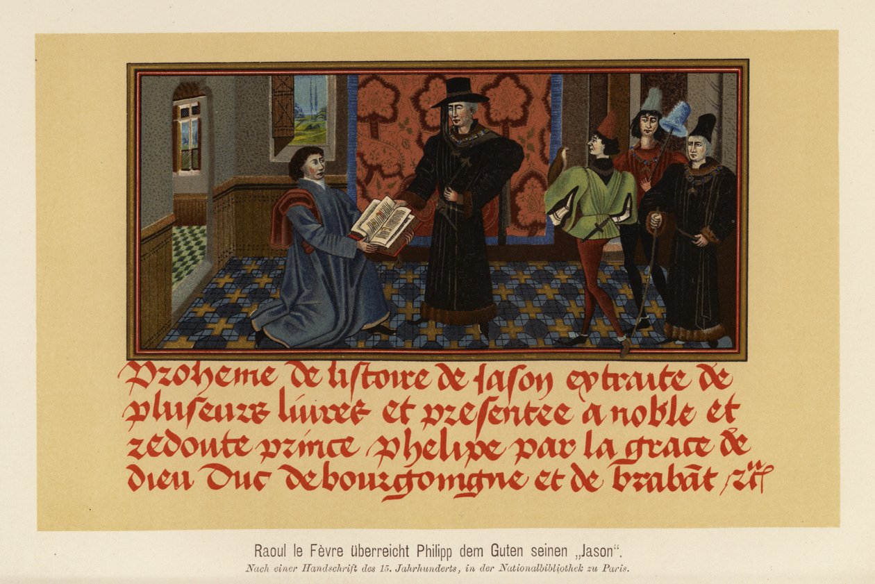 Raoul Lefevre overrækker et manuskript af sin Histoire de Jason til Filip den Gode, hertug af Bourgogne (farvelitografi) af German School