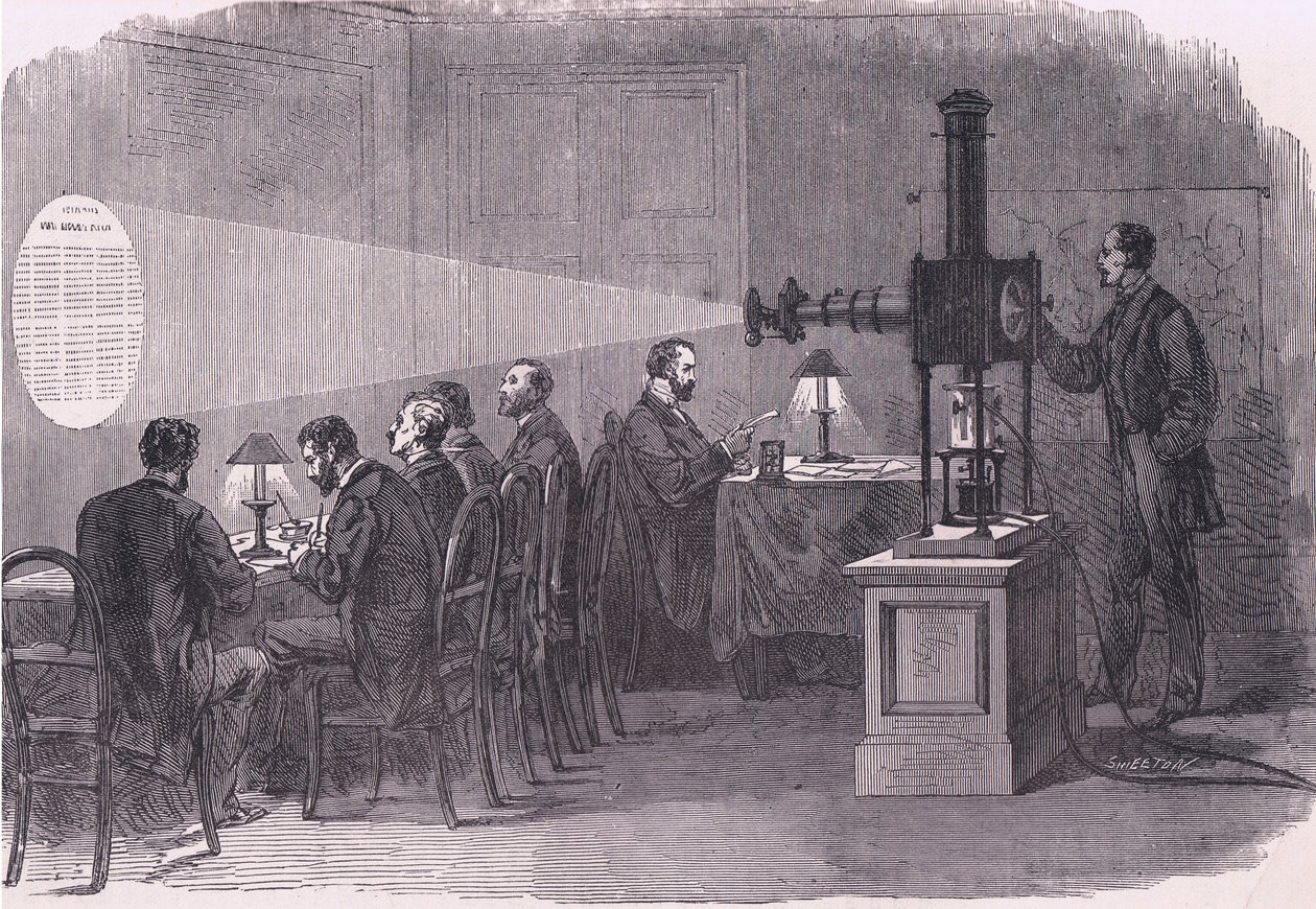 Læser ballonafgange i mikroskop, Cassells History of the War between France and Germany udgivet af Cassell and Company Limited, ca. 1890 (litho) af German School