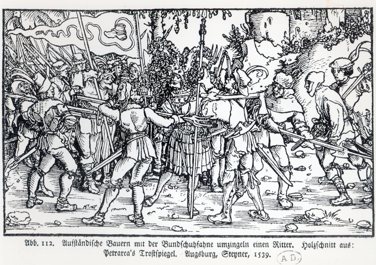 Oprørsbønder, der omgiver en ridder, fra en illustration til Trostspiegel af Petrarch, 1539 af German School