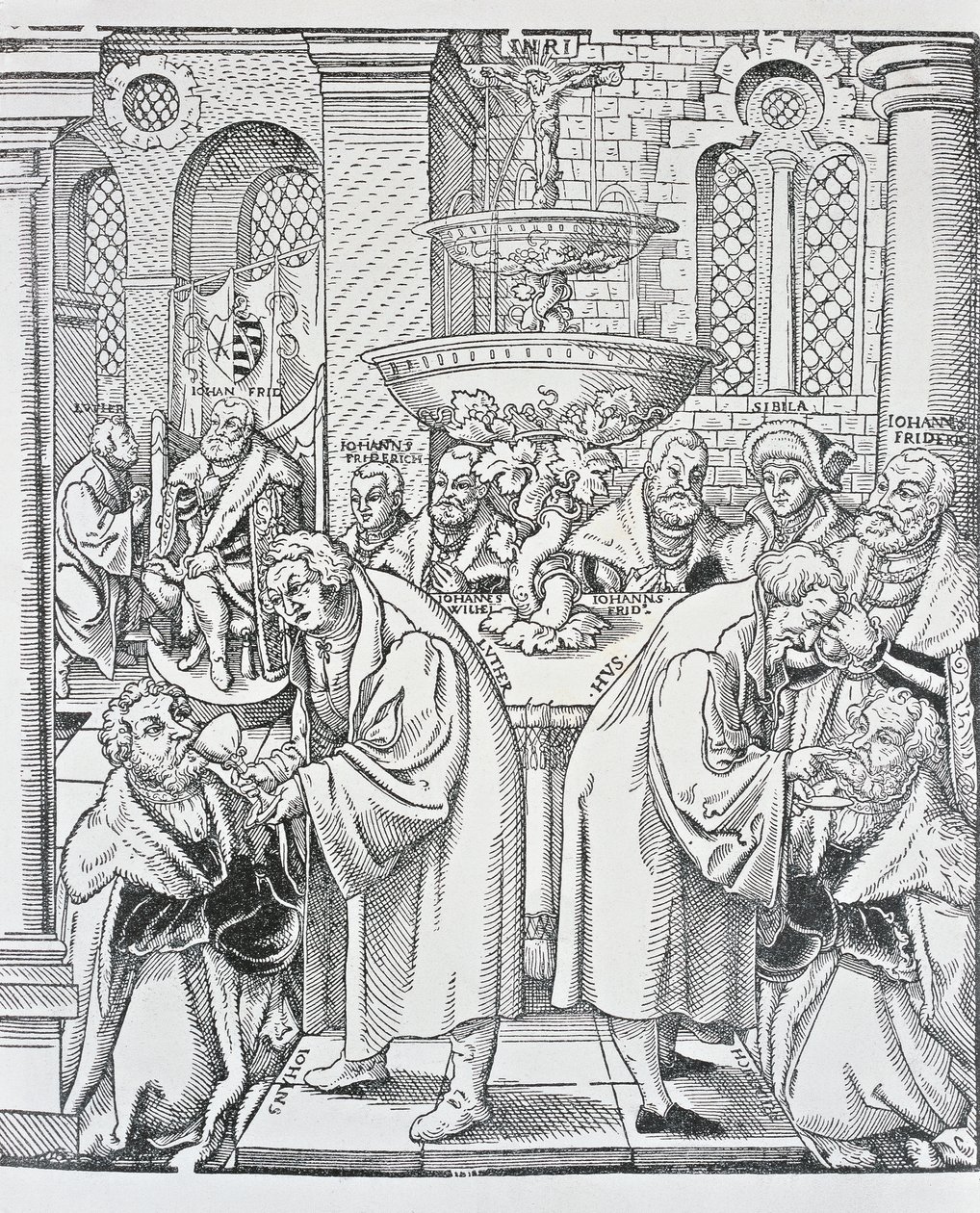 Reformatorerne Martin Luther og Jan Hus administrerer nadver (gravering) af German School