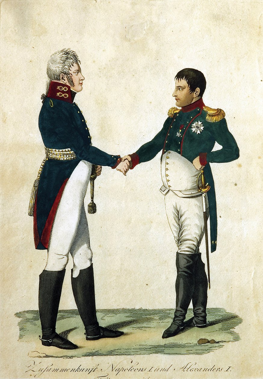 Møde mellem Napoleon (1769-1821) og zar Alexander I (1777-1825). (Møde mellem Napoleon og Alexander I). Anonymt arbejde, gravering og akvarel af German School