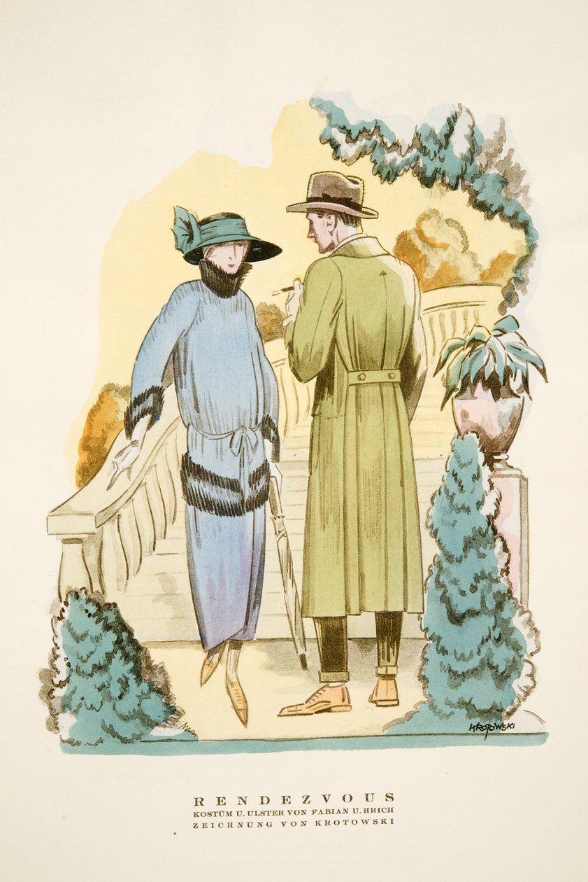 Rendezvous, outfit og "Ulster" overfrakke af Fabian & Hrich fra Styl, pub.1922 (pochoir print) af German School