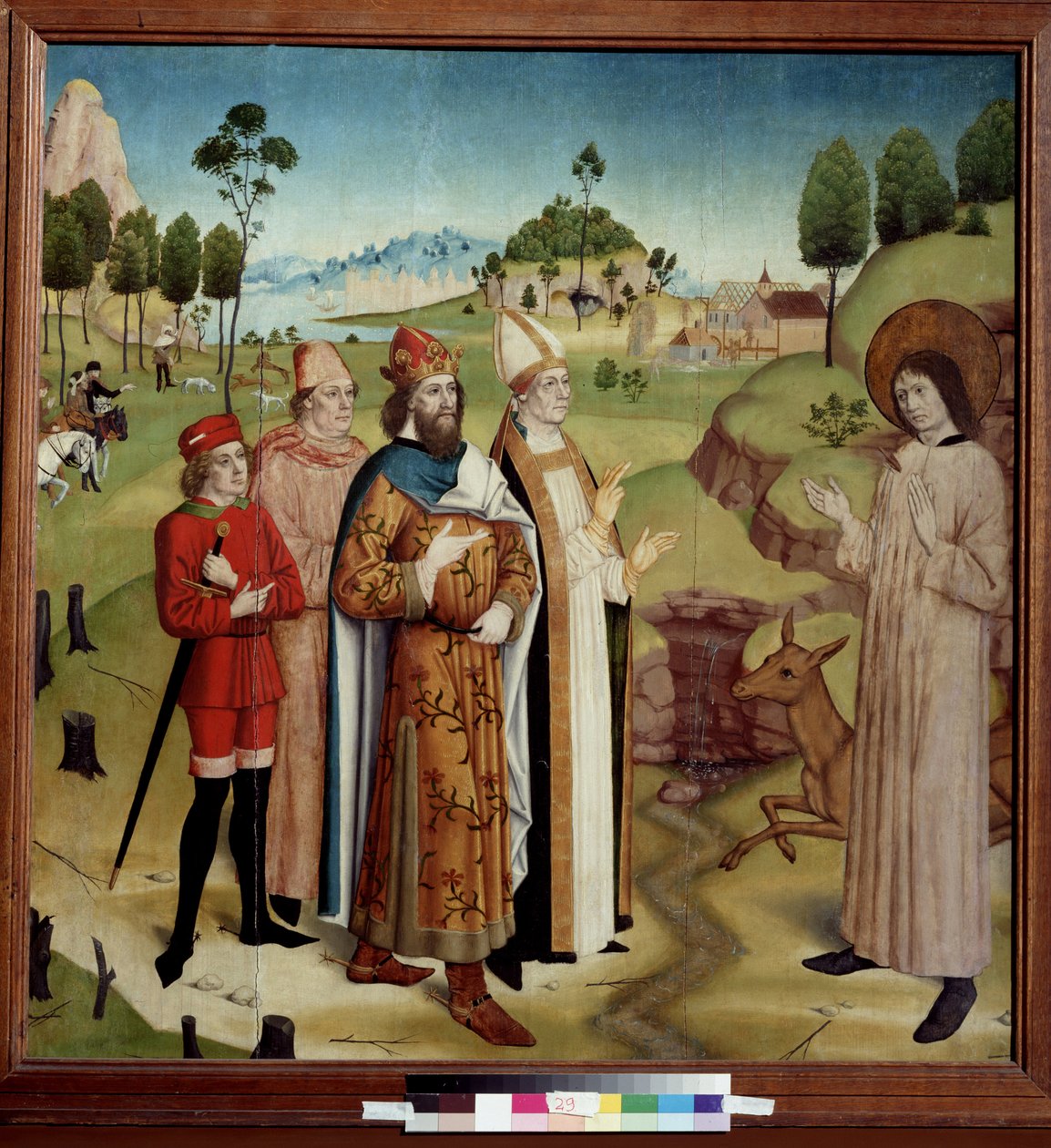 ""Repræsentation af mødet mellem den vestgotiske kong Wamba (672-680 e.Kr.) og eneboeren Saint Gilles (eller Aegidius) (7. århundrede), såret af en jægers pil, med sin då"" (Saint Giles og kong Wamba) ved kongejagten) Hundesyge på øko træ af German School