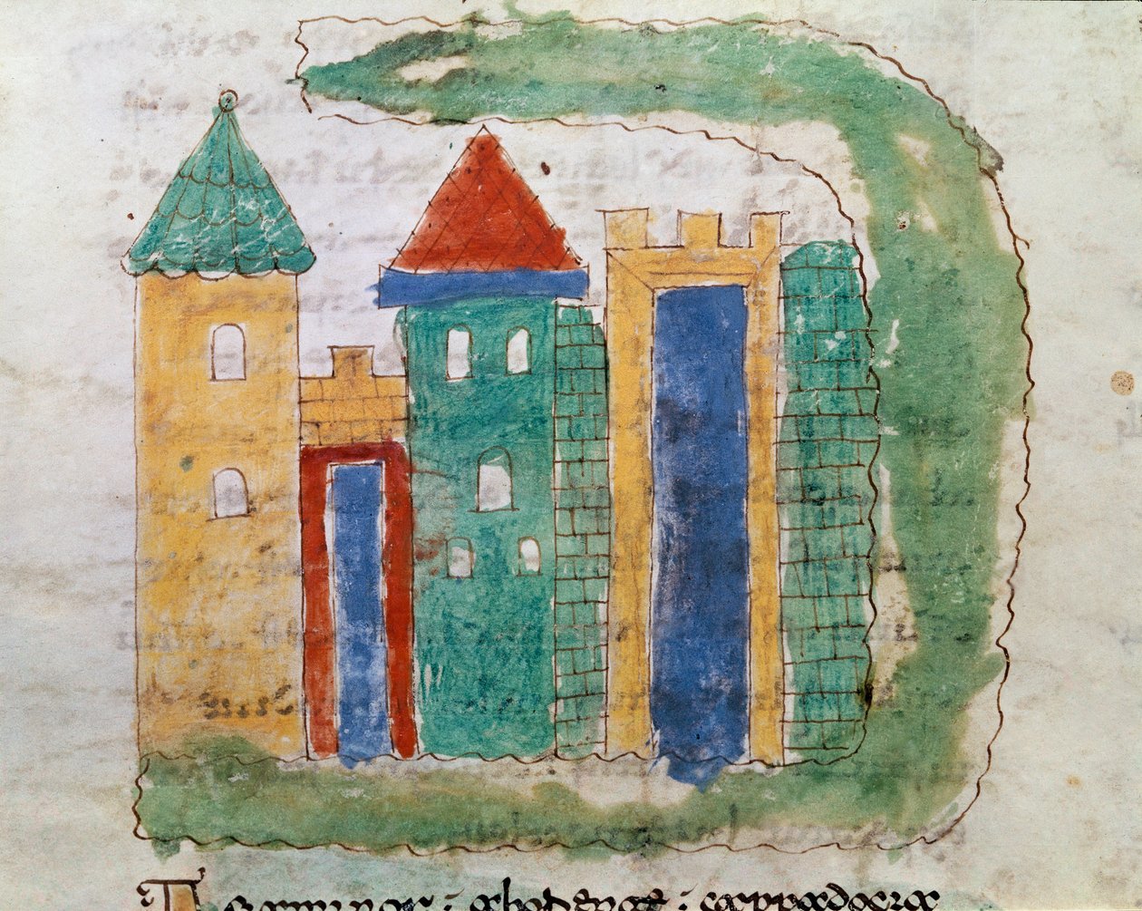 Repræsentation af et miniaturecitat fra manuskriptet "De Universo" (eller De rerum naturis (De la Nature des choses) (cod. 132) af Rabanus Maurus Magnentius (eller Raban Maur eller Rabano Mauro) (ca. 780-856) 9. århundrede Arkiv for Monte Cassino Abbey (Mo af German School