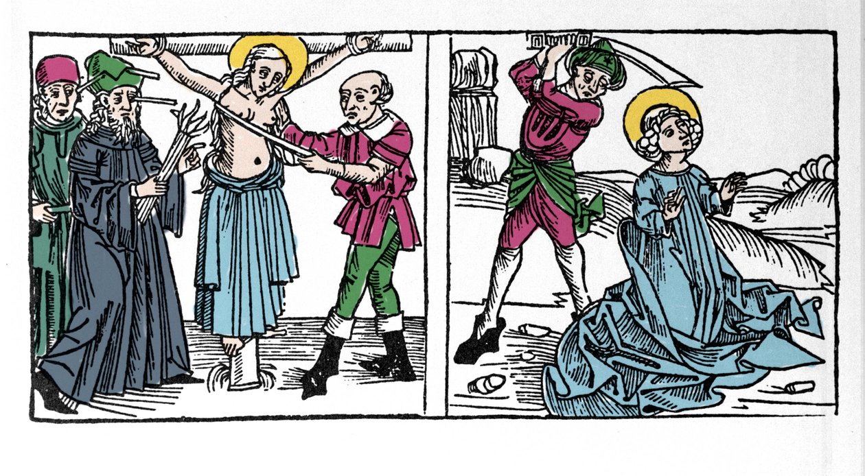 Repræsentation af martyrdøden Saint Seraphia (Serapia) (Seraphia of Syrien), kristen i det 2. århundrede. Indgravering fra “Leben der Heiligen - sommerteil” (Helgenbogen) af Jacobus (James) af Voragine (1228-1298). Lübeck 1488. af German School