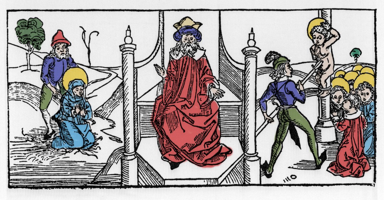 Repræsentation af martyrdøden for Saint Symphorose, en kristen fra det 2. århundrede, og af hendes syv sønner, under kejser Hadrians regeringstid. Indgravering fra “Leben der Heiligen - sommerteil” (Helgenbogen) af Jacobus (James) af Voragine (1228-12) af German School