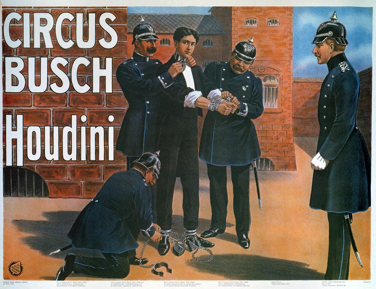 Gengivelse af en plakat fra 1907, der viser Houdini forud for en flugt fra et tysk fængsel af German School